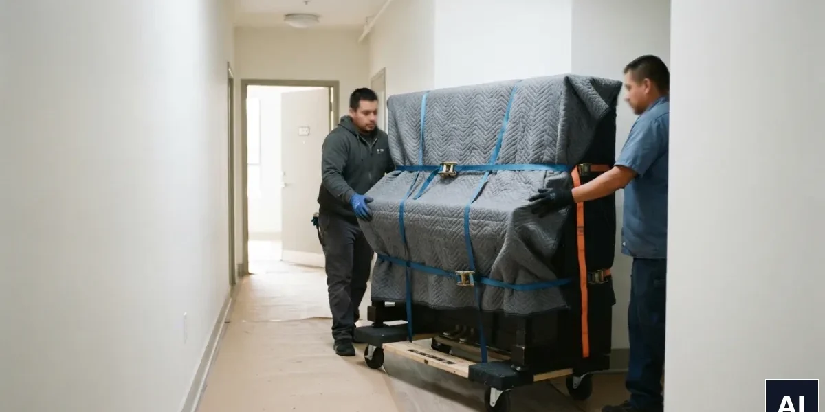 Pianino pionowe zabezpieczone kocem transportowym i pasami na wózku o dużym udźwigu