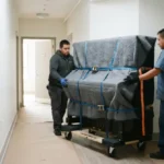 Pianino pionowe zabezpieczone kocem transportowym i pasami na wózku o dużym udźwigu