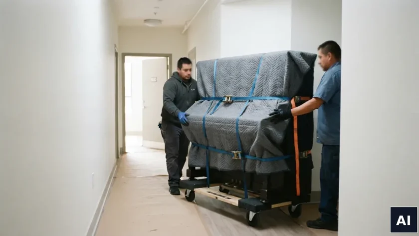Pianino pionowe zabezpieczone kocem transportowym i pasami na wózku o dużym udźwigu